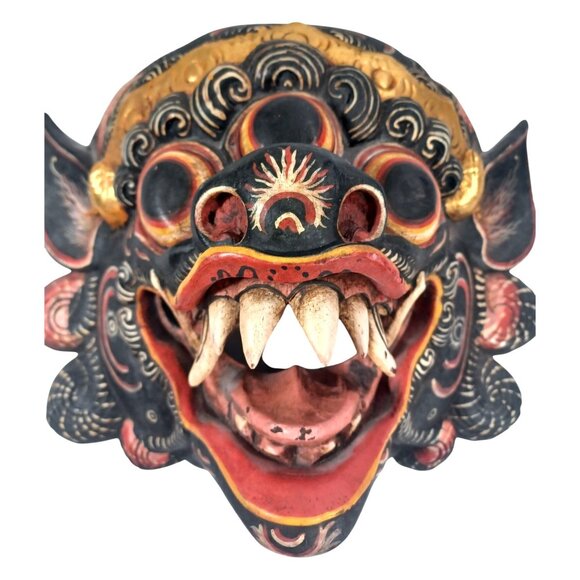 Hand-Carved Balinese Wooden Barong Mask With Intricate Details & Gold Accents Vi - Picture 2 of 9
